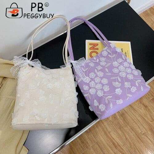 2021 Pleated Female Handbag Fashion Women Flower Mesh Lace PU Leather Shoulder Bag Casual Tote Shopping Bags Women