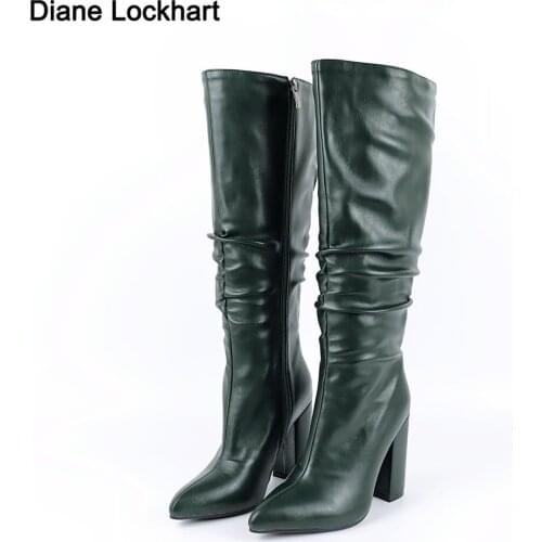 2021 Spring Autumn Faux Leather Women Knee High Boots Pointed Toe Knight Boots Women Long Chunky Block High Heel Boots size34-43