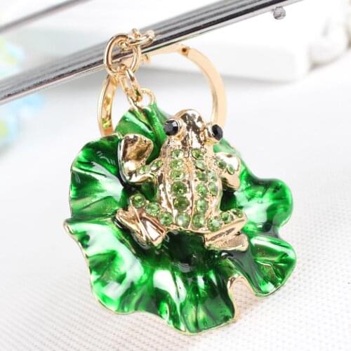 Lovely Frog Green Lotus Leaf Crystal Charm Purse Handbag Car Key Keyring Keychain Party Wedding Birthday Gift
