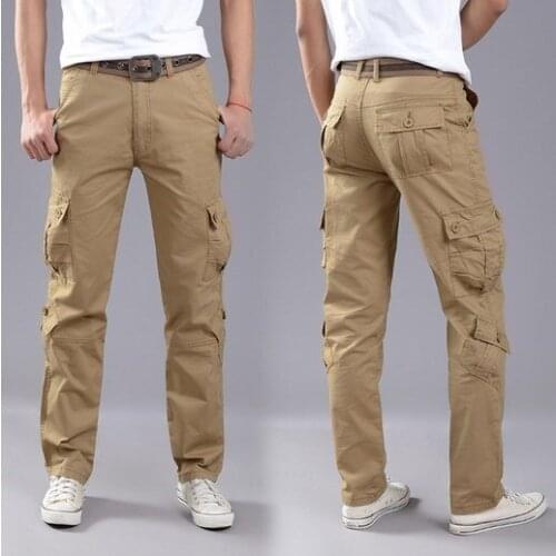 Mens Streetwear Cotton Cargo Pants with Many Side Pockets Big Size for Men Casual Long Tactical Trousers Black Khaki Brown