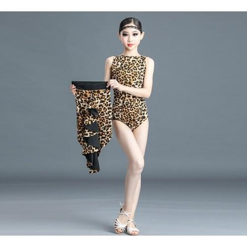 Children Leopard Print Latin Dance Dress New Sleeveless Leotards Top Fashion Sexy Suit Girls Ballroom Competition Dance Dresses