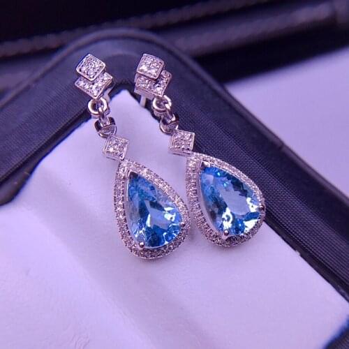 E320 Fine Jewelry Pure 18K White Gold Natural Aquamarine Gemstone 2.6ct Diamonds Females Earrings for Women FIne Earrings