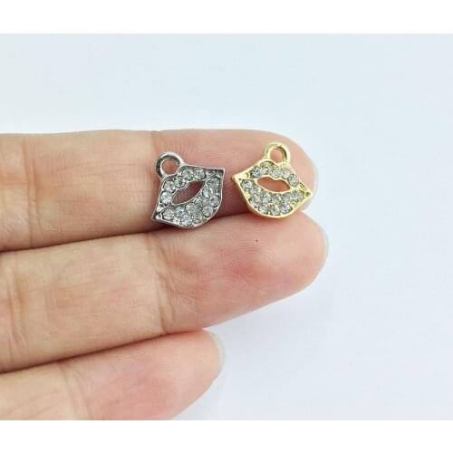Eruifa 10pcs 12*8mm Rhinestone Lips gold/Silver plated Zinc alloy Charms Pendant Jewelry DIY Necklace Bracelet Earrings 2 colors