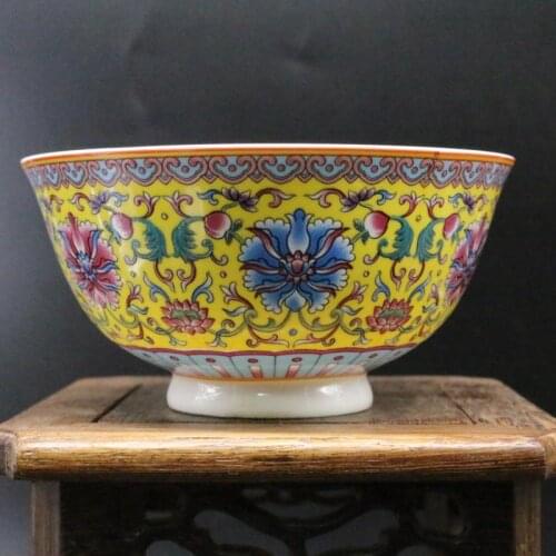 Antique QingDynasty porcelain bowl,Yellow Pastel wrapped lotus bowl #4 ,Hand-painted crafts,Collection&Adornment,Free shipping