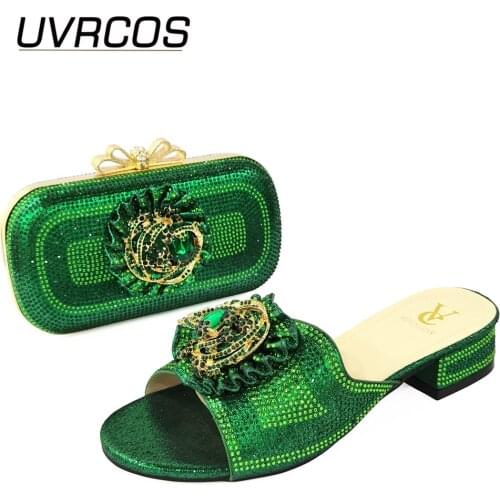 2021 Hot Selling African New Arrival Speical Narrow Band and Flower Italian Design Green Color Ladies Shoes and Bag Set