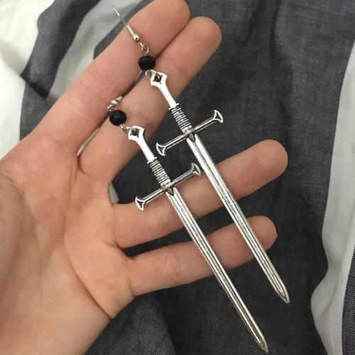 Gothic Silver Color Big Sword Earrings And Glass Crystal Occult Dark Exaggerate Jewelry Women Fashion Gift Classics New 2021