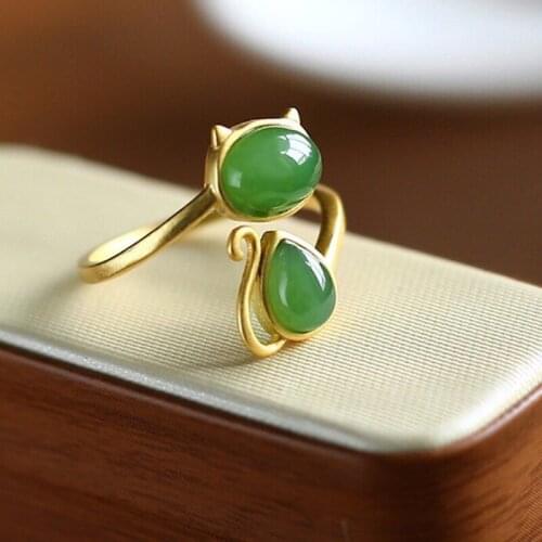 Luxury Animal cat opening rings for women/man adjustable green stone S925 golden retro Accessories wedding jewelry Couple rings