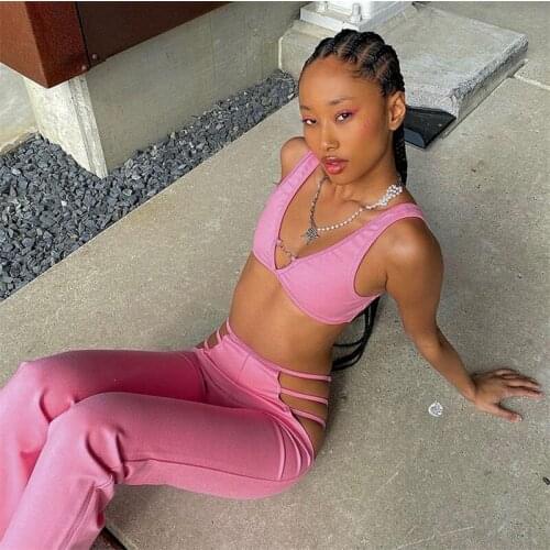 CHRONSTYLE Sexy Women Suits 2 Pieces Outfits 2021 Sleeveless Deep V-neck Tube Tops Cropped High Waist Hollow Out Flared Pants