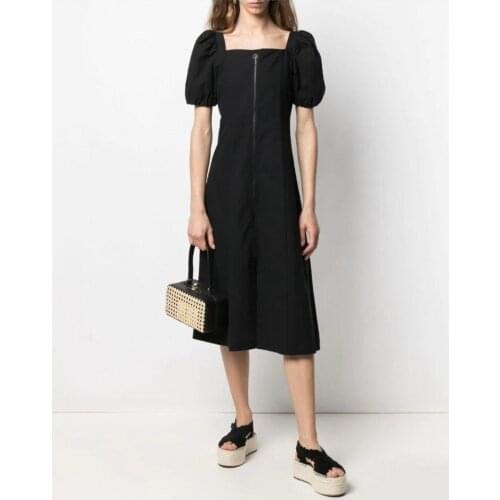 Summer Square Collar Black Dresses 2021 Summer New Simple Europe Style Puff Sleeve Front Zipper Long Dress Women Boho Dress
