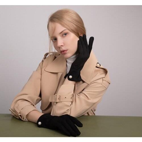 Fashion Women Winter Touch Screen Plus Velvet Warm Suede Leather Driving Mittens Female Pearl Bicycle Cycling Thicker Gloves E44