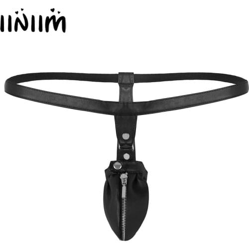 Mens Lingerie Panties Synthetic Leather Bulge Pouch with Zipper Low Open Back Jockstraps Briefs String Homme Thong Underwear