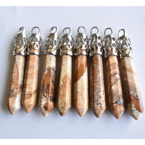 Wholesale 10pcs/lot Fashion good quality natural picture stone Hexagonal pillar charms pendants 12x50mm for jewelry making