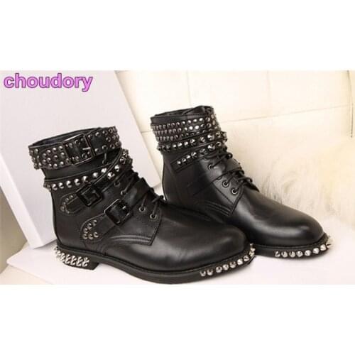 Wowmen Sexy Rivets Knight Boots Low Heel Buckle Strap Ankle Boots Punk Style Studded Riding Boots Motorcycle Ankle Boots Spike