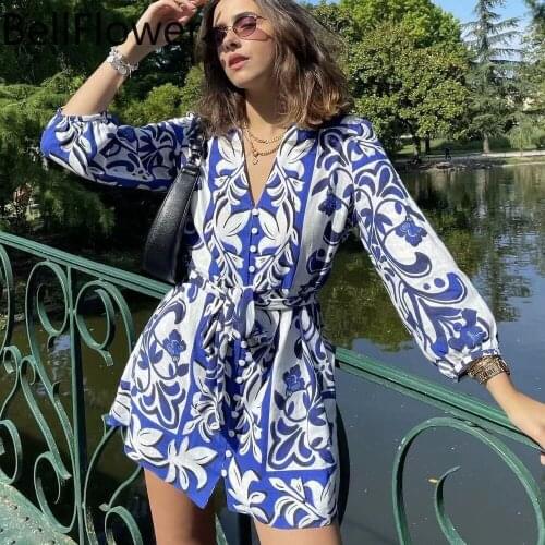 Blue Dress for Women Autumn A-LINE Puff Sleeve V-Neck Button Korean Fashion Casual Floral Print Wrist Birthday Vestido De Mujer