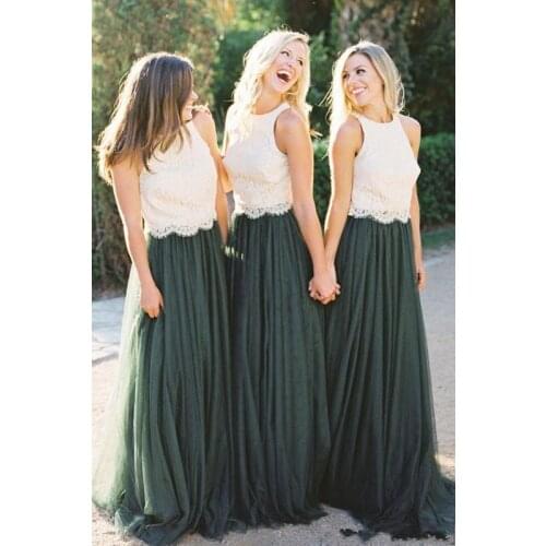 2021 Two Pieces Arabic Bridesmaid Dresses Lace Top A Line Tulle Sleeveless Floor Length Custom Wedding Guest Maid Of Honor Gown