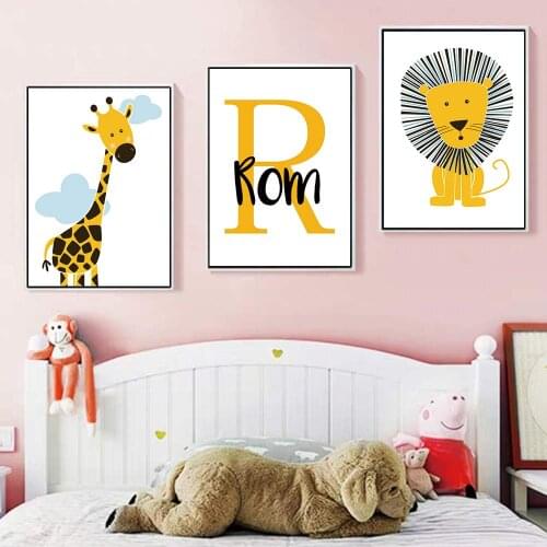 Giraffe Lion Baby Animal Poster Boys Custom Name Canvas Print Nursery Wall Art Paintings Nordic Baby Room Picture Wall Decor