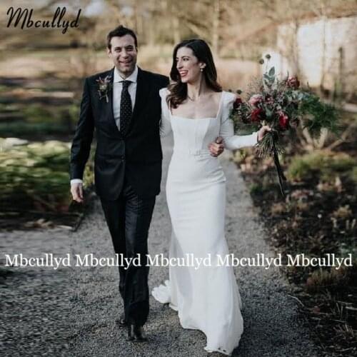 Simple Stretch Satin Mermaid Wedding Dress Long Sleeves Fairy Floor Length Elegant Vintage Bridal Party Gowns Custom Made