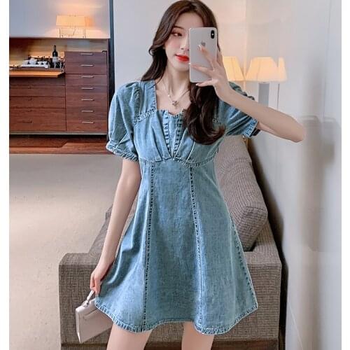 Puff Short Sleeve Square Collar Women Dresses Blue Folds Denim Slim Waist Dress Patchwork Vintage Female Mini Vestidos