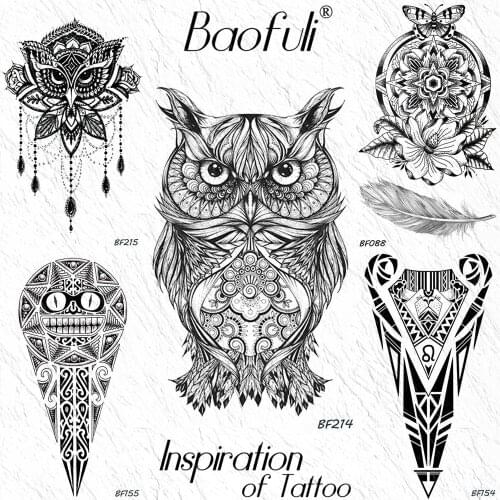 Baofuli Realistic Indian Black Henna Owl Temporary Tattoos Sticker Lace Mehndi Henna Waterproof Tattoos Body Art Arm Fake Tatoos
