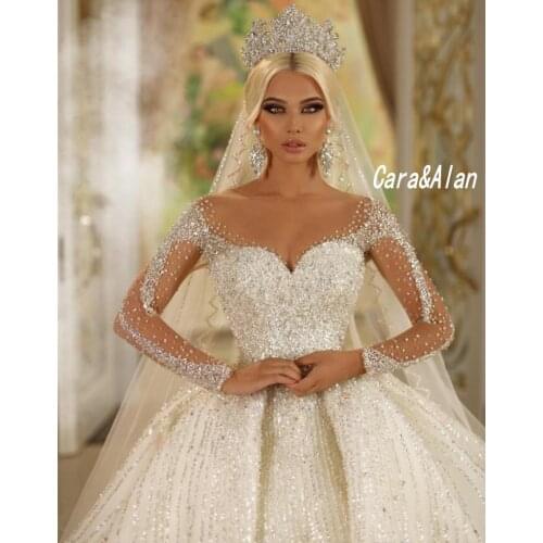 Luxury Arabic Dubai Wedding Dresses For Women 2020 Sequin Beaded Long Sleeves Sheer Neck Bridal Gowns vestido de noiva 2021