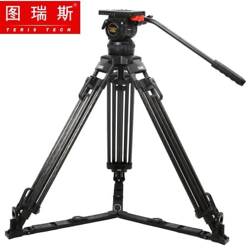TERIS V12T Carbon Fiber Tripod 100mm Bowl Fluid Drag Head Professional Camera Tripod Kit load 12kg Video Camcorder Tripod