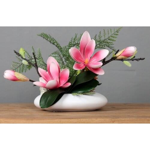 Modern Ceramic Vase+Artificial Flower Magnolia Floral Set Home Livingroom Furnishing Crafts Dining Table Fake Flowerpot Decor