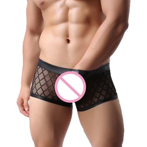 Sexy Mens Boxer Shorts Ultra-thin Mesh Transparent U-convex Pouch Underwear PU Leather Waist Lingerie Boxerhsorts Gay Panties XL