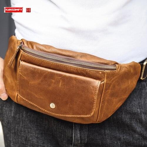 Cowhide Vintage Sports Chest Bag Mens Waist Pack Leather Messenger Bag Casual Shoulder Bag Trendy Outdoor Casual Men Bags