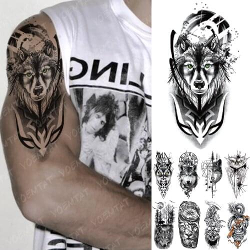 Waterproof Temporary Tattoo Sticker Green Eye Totem Wolf Flash Tattoos Death Lion Crown Body Art Arm Fake Tatoo Women Men