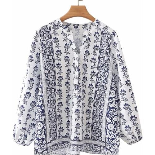 YENKYE Vintage Floral Print Blouse Shirt Women V Neck Long Sleeve Casual Plus Size Tops Ladies Summer Loose Blusas