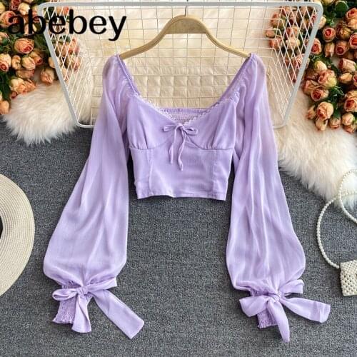 2021 New Summer Women Sweet square collar Lantern Sleeve Shirt bow bandage high waist pleated solid short Shirt Top
