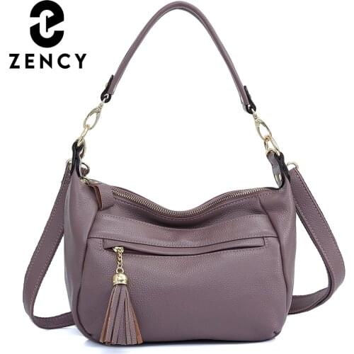Zency Genuine Leather Simple Retro Female Tote Handbag Elegant Commute Shoulder Bag Tassel Classic Crossbody For Women Autumn