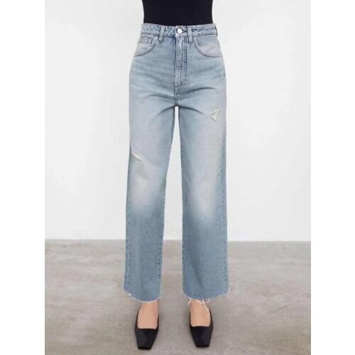 Women High Waist Vintage Denim Pants 2021 New Casual Simple Ladies Denim Long Wide-Leg Hole Pants