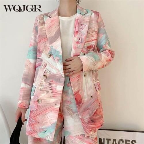 WQJGR Double Breasted Blazer Women Printed Mixed Color Long Sleeve Loose Outerwer Jacket Fashion Tide Spring Autumn 2021
