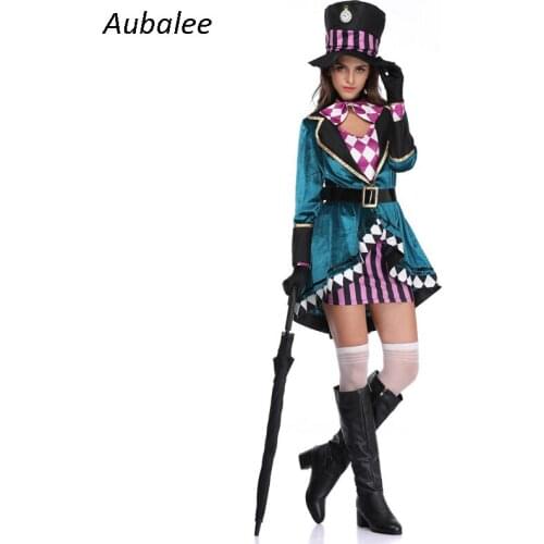 Alice in Wonderland Clown Mad Hatter Costume Women Magician Cosplay Girls Princess Quess Cosplay Halloween Carnival Magic Dress