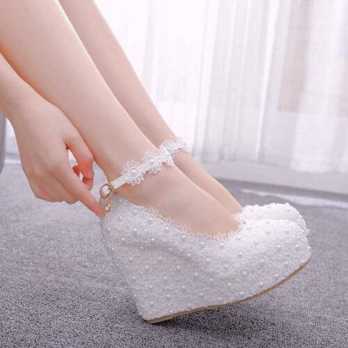 Crystal Queen White Wedges Wedding Pumps Sweet White Flower Lace Pearl Platform Pump Shoes Bride Dress High Heels
