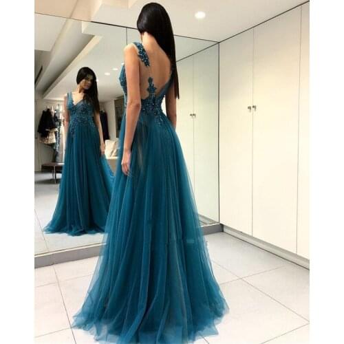 Sexy Teal Green Evening Dresses 2019 robe de soiree Open Back Side Split Formal Women Gowns Arabic A Line Special Occasion Dress