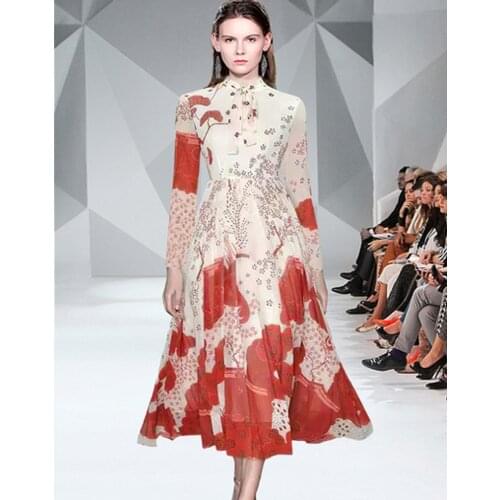 2021 Autumn Winter Elegant Dresses Womens Bow Long Sleeve Vintage High Waist Pleated print Long Dress Vestidos