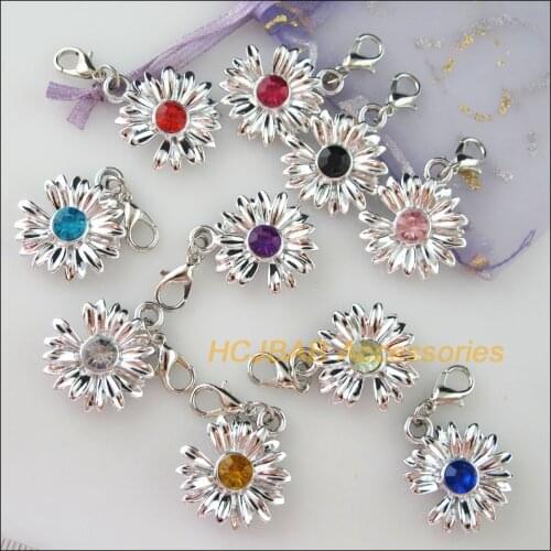 10 New Daisy Charms With Lobster Claw Clasps Dull Silver Plated Mixed Crystal 21x24mm