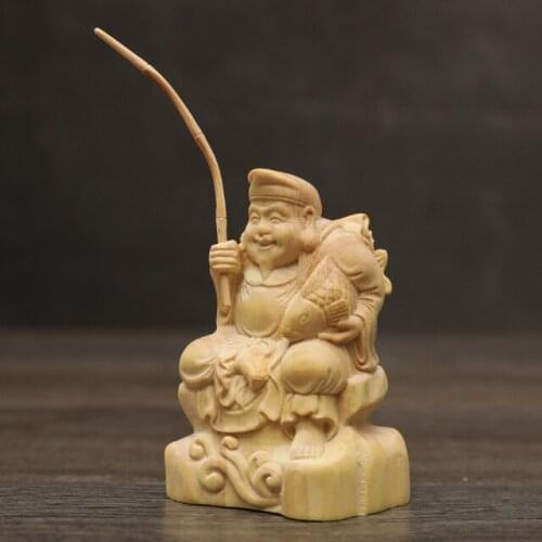 Estatua de madera de boj de Lucky Rich God Ebisu de 6cm, artesanías de Hiruko, dioses de la suerte, dios de la riqueza, escultur