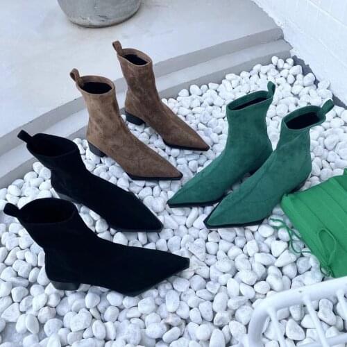 Pointed Toe Women Sock Boots Black Khaki Green Thick Flats Heeled Slip On Stretch Booties Winter Autumn Boots Woman Size 35-39