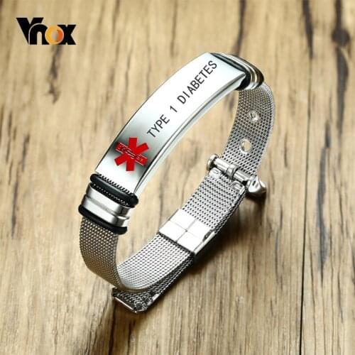 Vnox Personalized Engraved TYPE 1 DIABETES Medical Alert ID Bracelets for Men Women Length Adjustable Emergency Reminder Jewelry