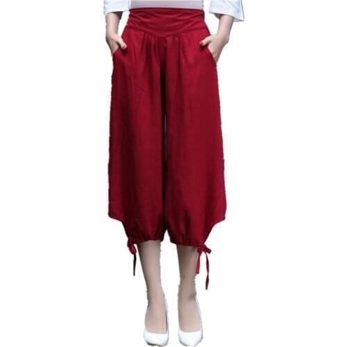 Free Shipping Womens Linen Chinese Traditional Trousers Elastic Waistband Wide Leg Capri Pants 3 Color