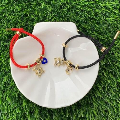 CZ Micro Pave Mini Bear Enamel Moon/Heart Electroplating Pendant Adjustable String Bracelet Handmade Bulk Jewelry Wholesale