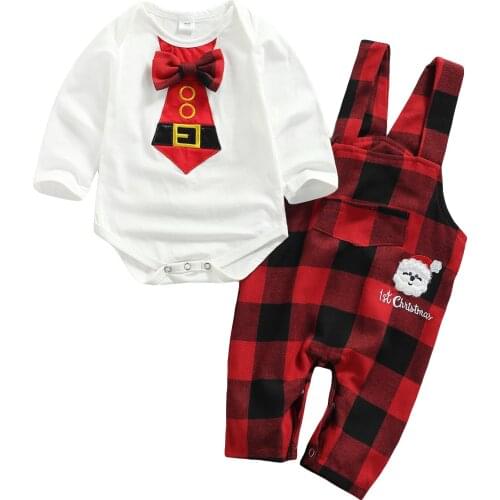 Babys Clothes Christmas Costumes Round Collar Long Sleeve Romper And Printed Pattern Suspender Trousers Childrens Clothing Set