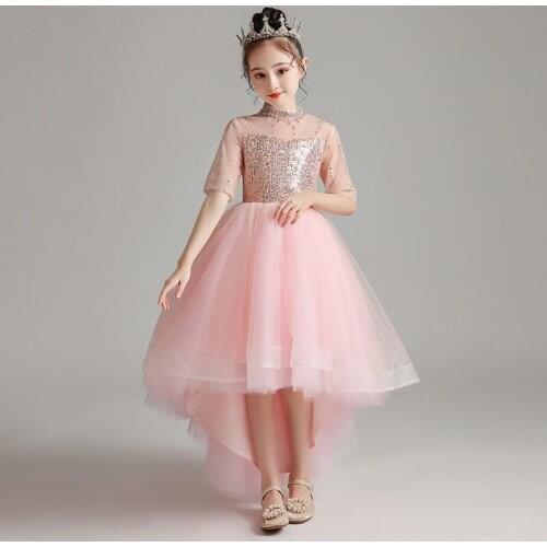 Flower Girl Dresses Illusion Crystal Beading Sequined High Half Luxury Pink Princess Knee-Length Tulle Lace Kids Party Gown H299