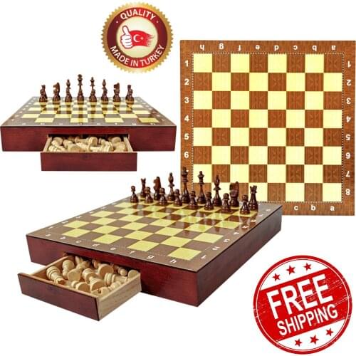 Quality Chess Set With Drawer Storage Box Wooden Deluxe Game Board 30*30cm Oak Wood Checkers Boxed Ajedrez Gift Queens Gambit