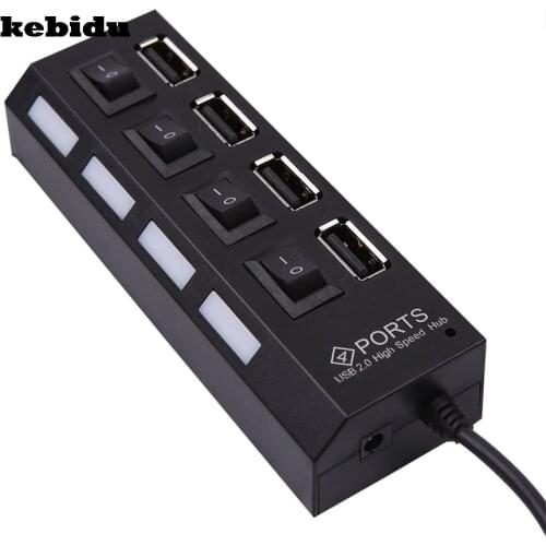 Kebidu LED High Speed 4 Port USB 2.0 Hub Splitter External Multi USB Hub With Power on/off Switch Cable For PC Notebook
