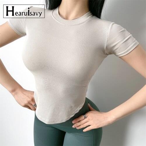 New Ribbing Short Sleeve Sport T Shirt Slim Breathable Quick Dry Running Wear Yoga Shirt Gym Workout Crop Top With Chest Pad