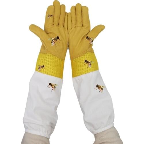 Beekeeping Gloves Yellow Short Mesh Protective Sleeves Breathable White leather and Cloth Anti Bee Apiculture Beekeeping Gloves